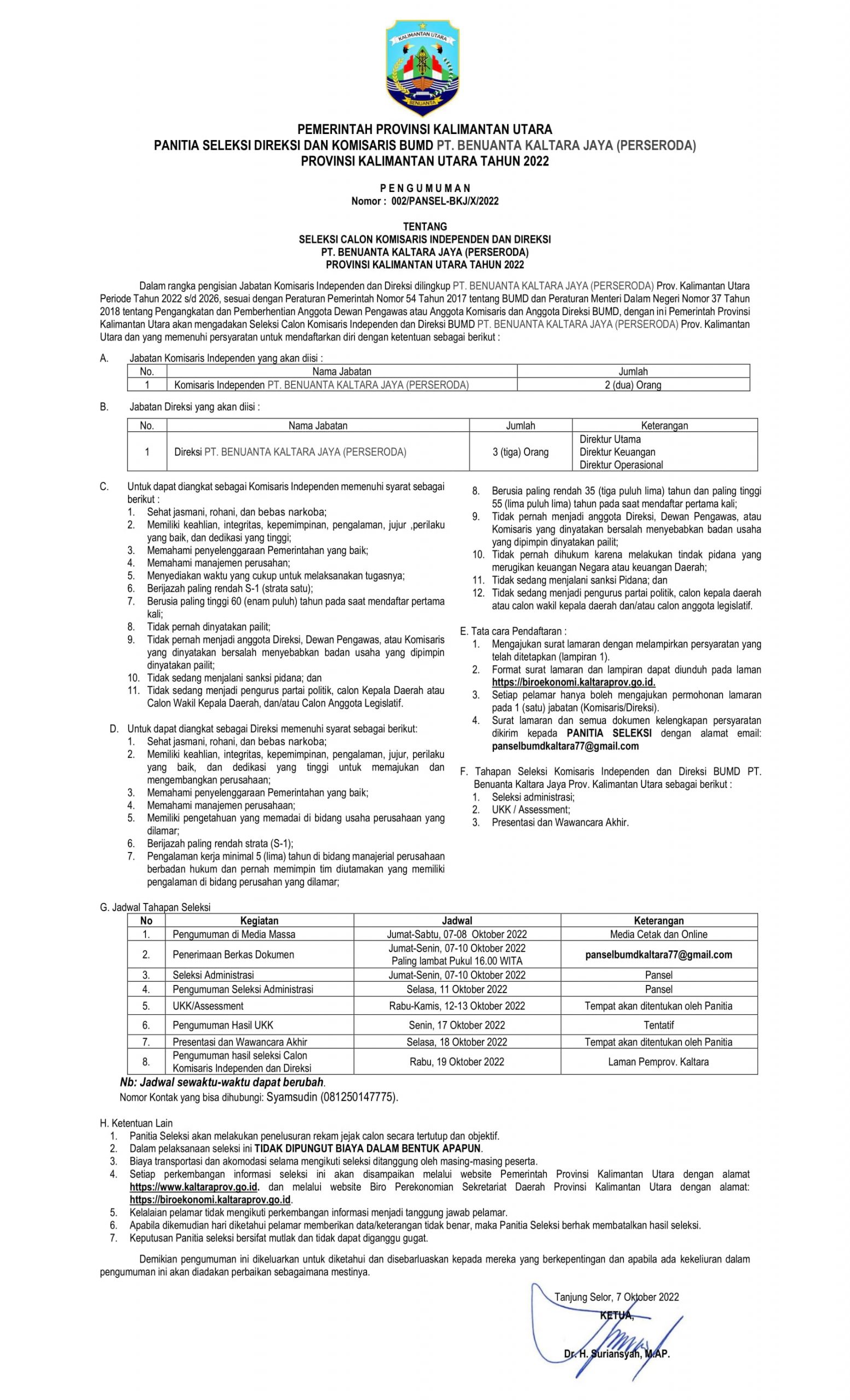 Pengumuman Seleksi Direksi Dan Komisaris Pt Benuanta Kaltara Jaya Fix 1
